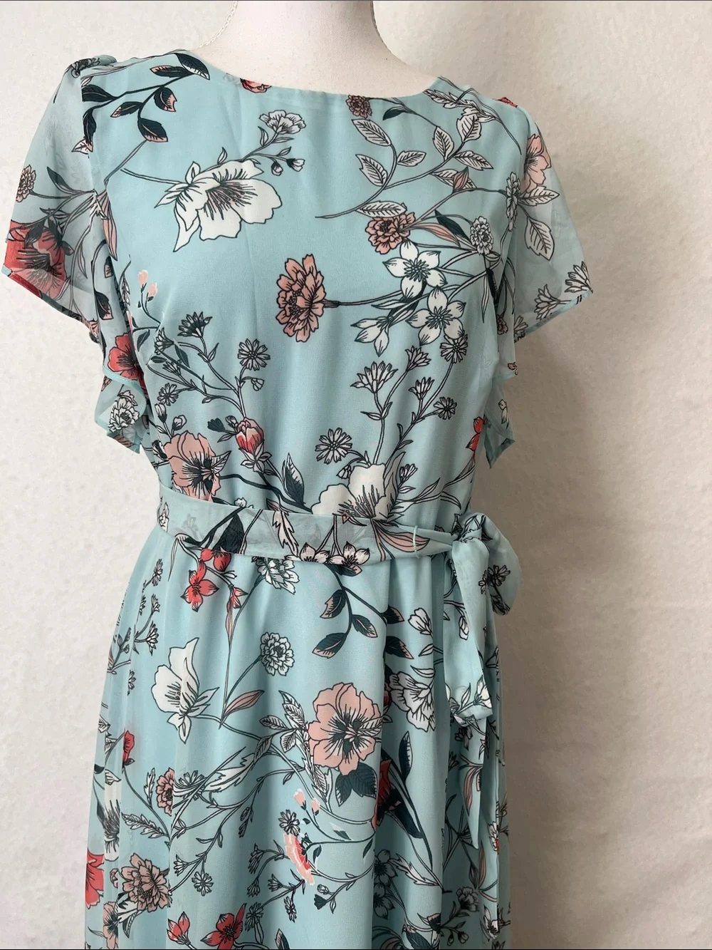Light Blue Floral High-Low Dress with Tie Waist - Picture 2 of 12